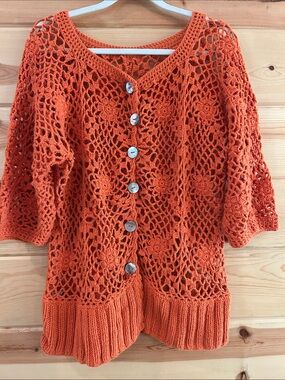 Vintage RICO Openwork Cotton Crochet Cardigan Sweater in Vibrant Orange, Size L